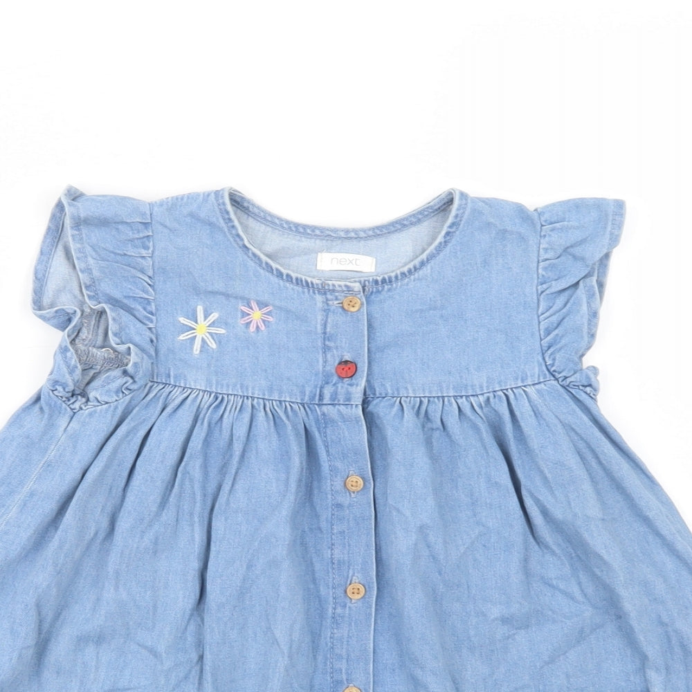 NEXT Girls Blue  Cotton Shirt Dress  Size 3-4 Years  Crew Neck Button