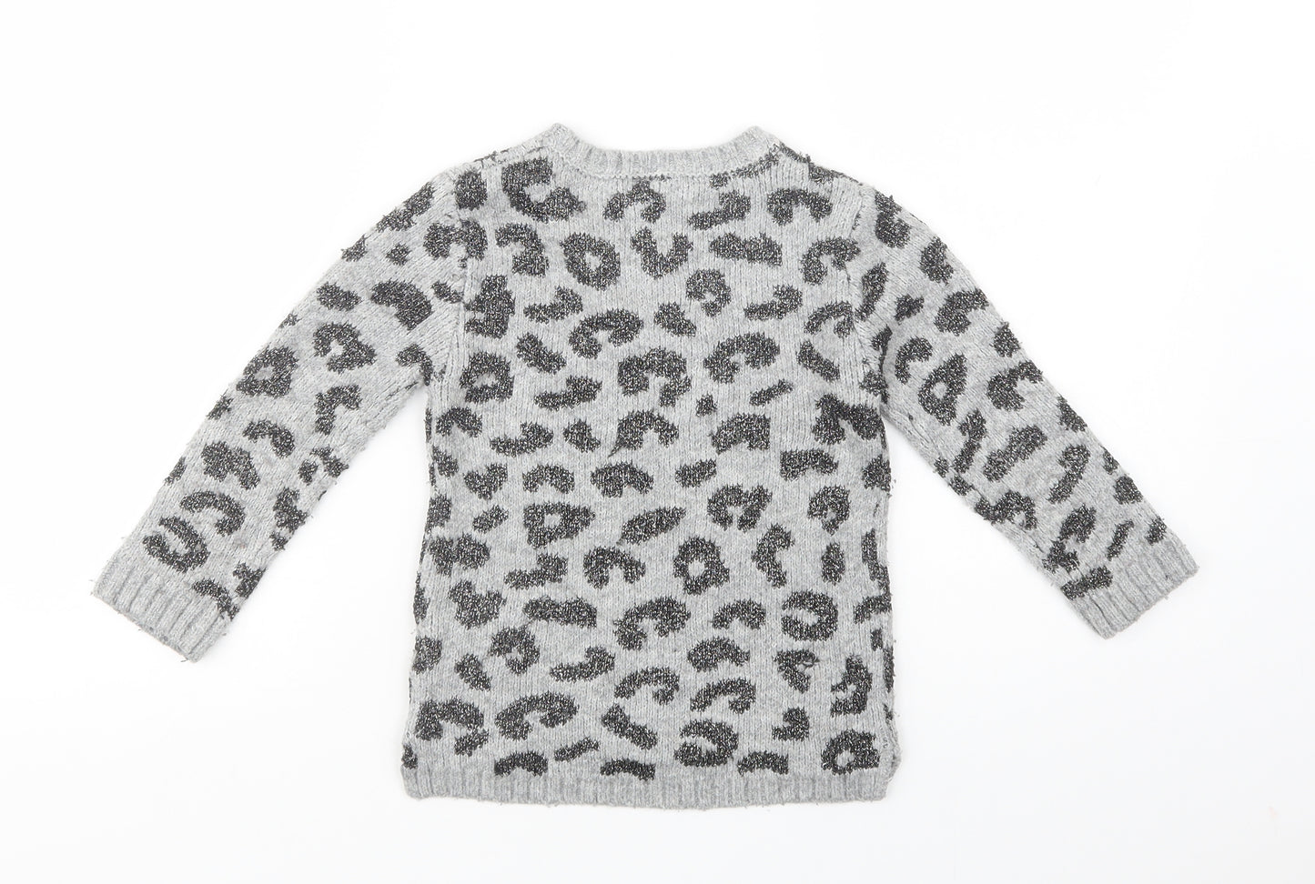 Primark Girls Grey Crew Neck Animal Print Acrylic Pullover Jumper Size 4-5 Years  Pullover