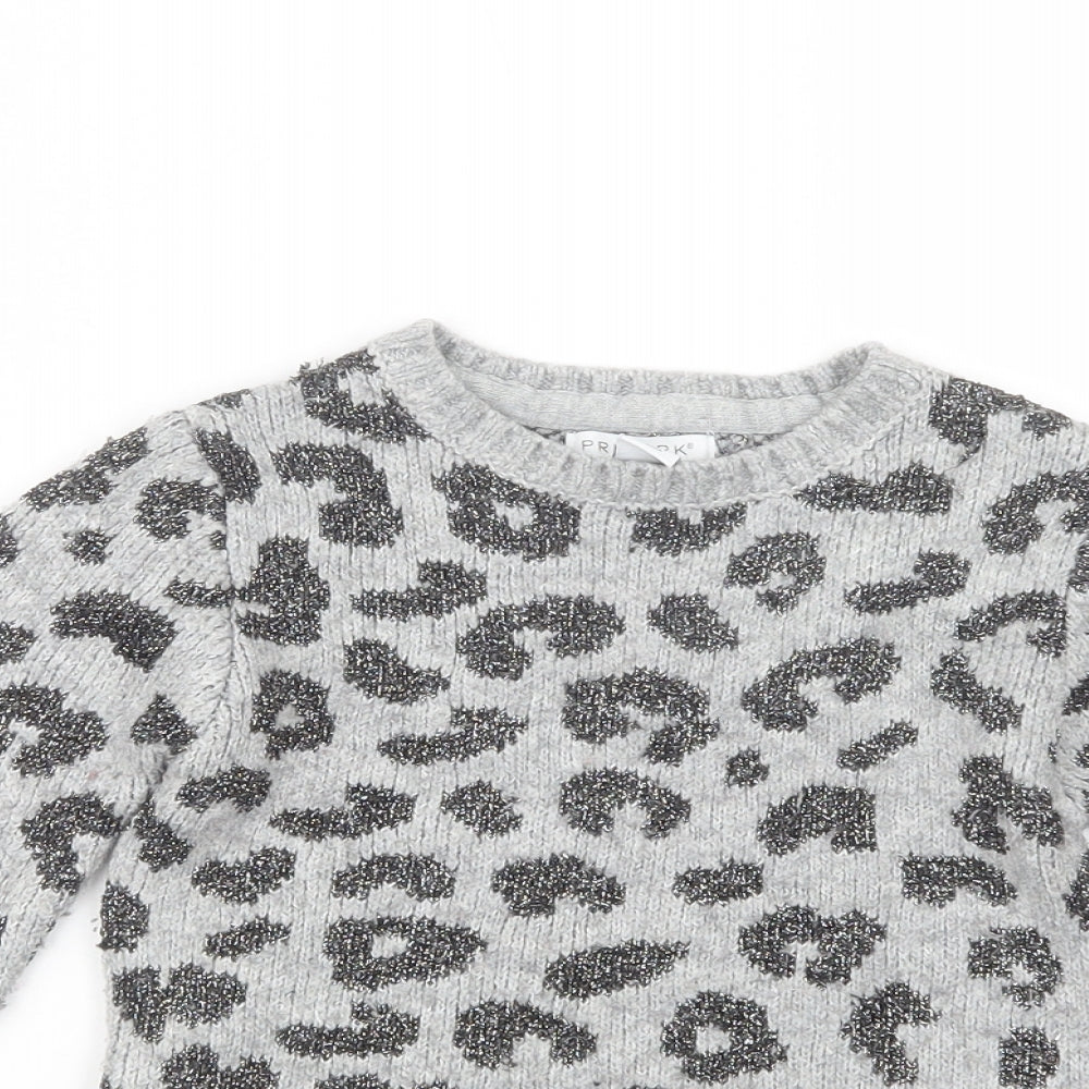 Primark Girls Grey Crew Neck Animal Print Acrylic Pullover Jumper Size 4-5 Years  Pullover