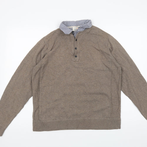Marks and Spencer Mens Beige Collared  Cotton Henley Jumper Size M