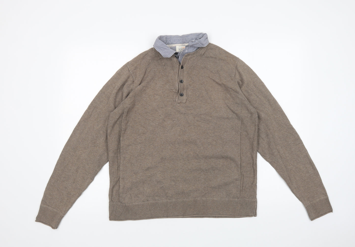 Marks and Spencer Mens Beige Collared  Cotton Henley Jumper Size M