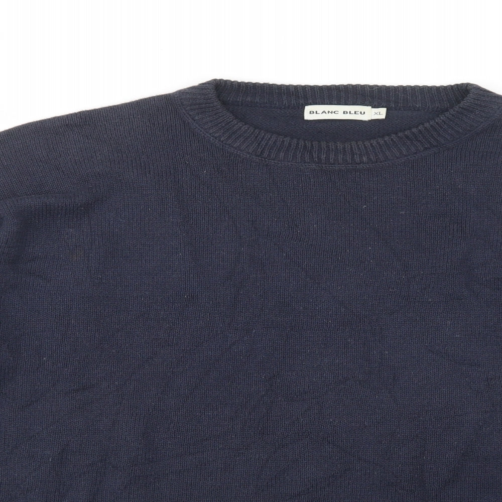 Blanc Bleu Mens Blue Crew Neck  Linen Pullover Jumper Size XL