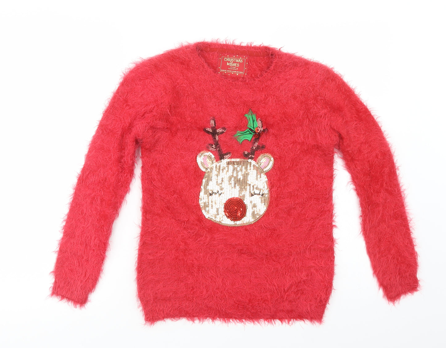 Primark Girls Red Crew Neck  Acrylic Pullover Jumper Size 9-10 Years  Pullover - Rudolph Christmas