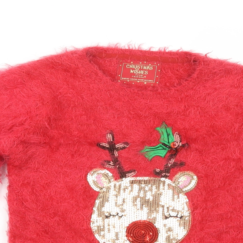 Primark Girls Red Crew Neck  Acrylic Pullover Jumper Size 9-10 Years  Pullover - Rudolph Christmas