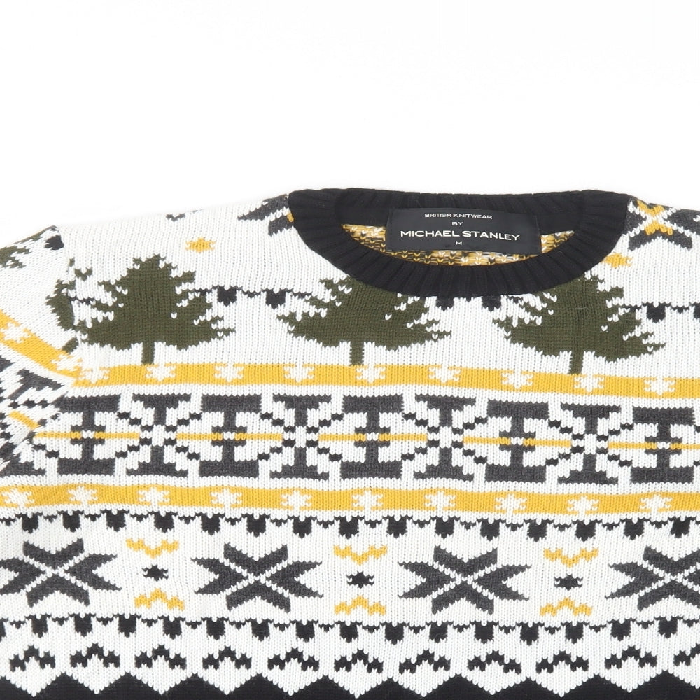 Michael Stanley Mens Black Crew Neck Fair Isle Acrylic Pullover Jumper Size M