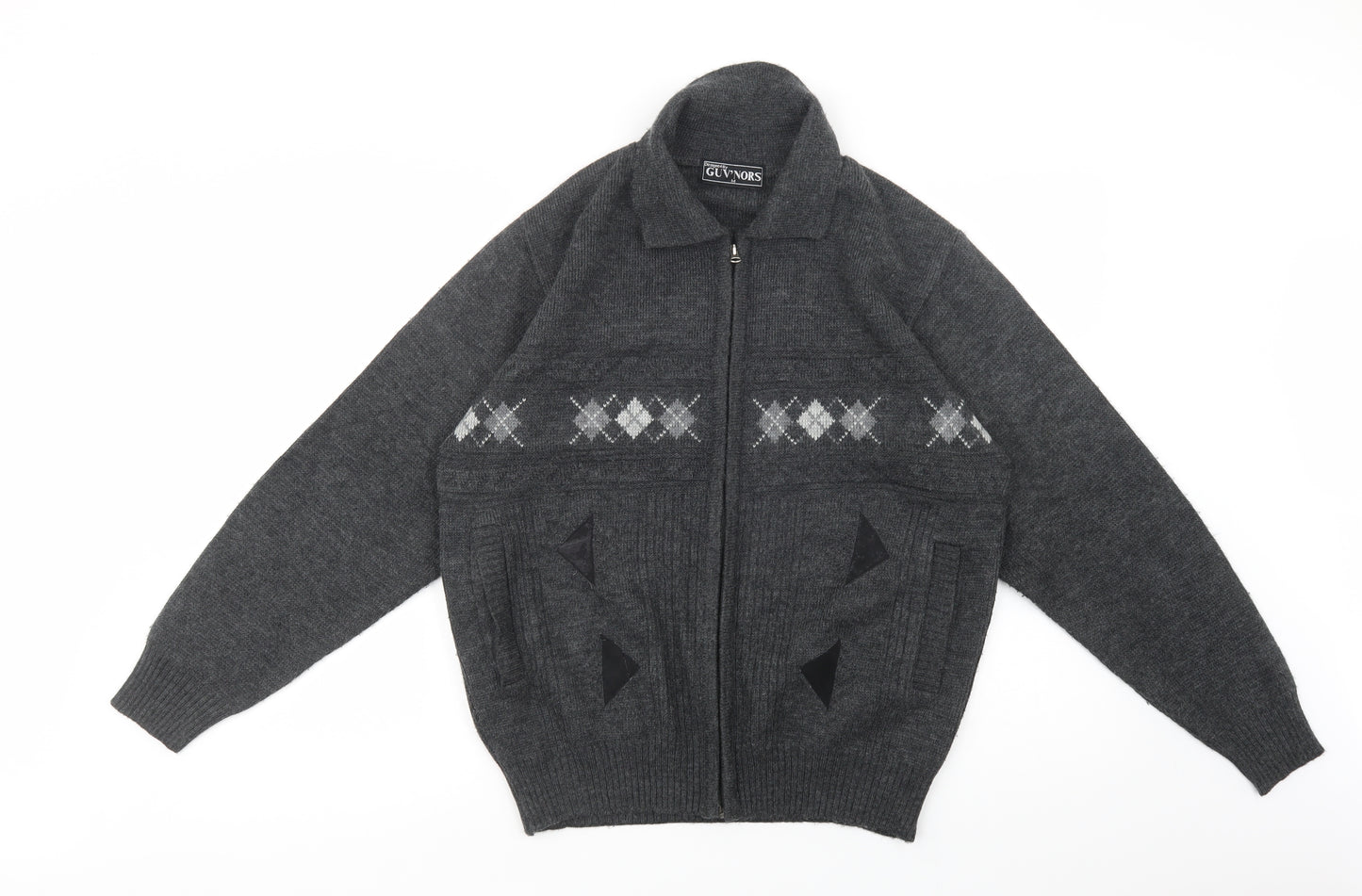 GUV'NORS Mens Grey Collared Argyle/Diamond Acrylic Full Zip Jumper Size M