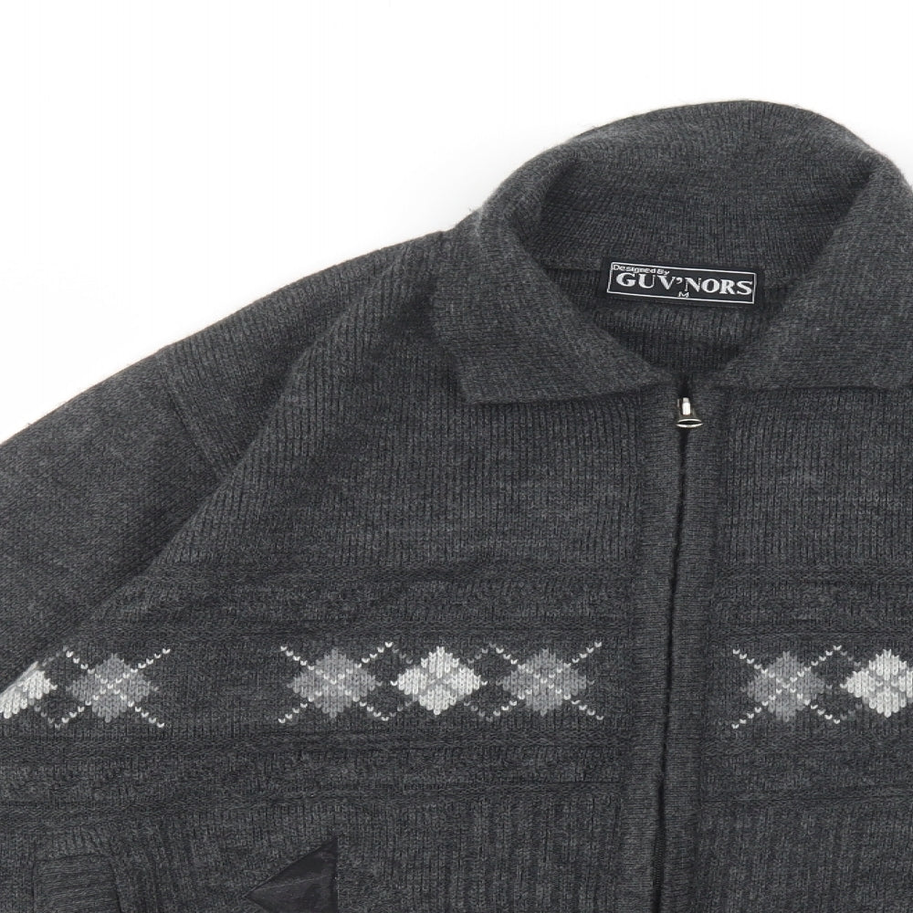 GUV'NORS Mens Grey Collared Argyle/Diamond Acrylic Full Zip Jumper Size M