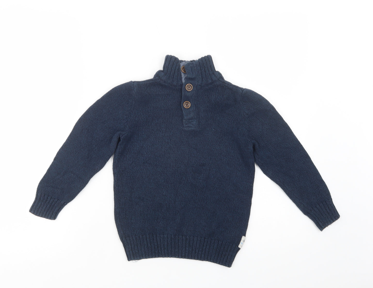 H&M Boys Blue High Neck  Cotton Henley Jumper Size 5-6 Years  Button