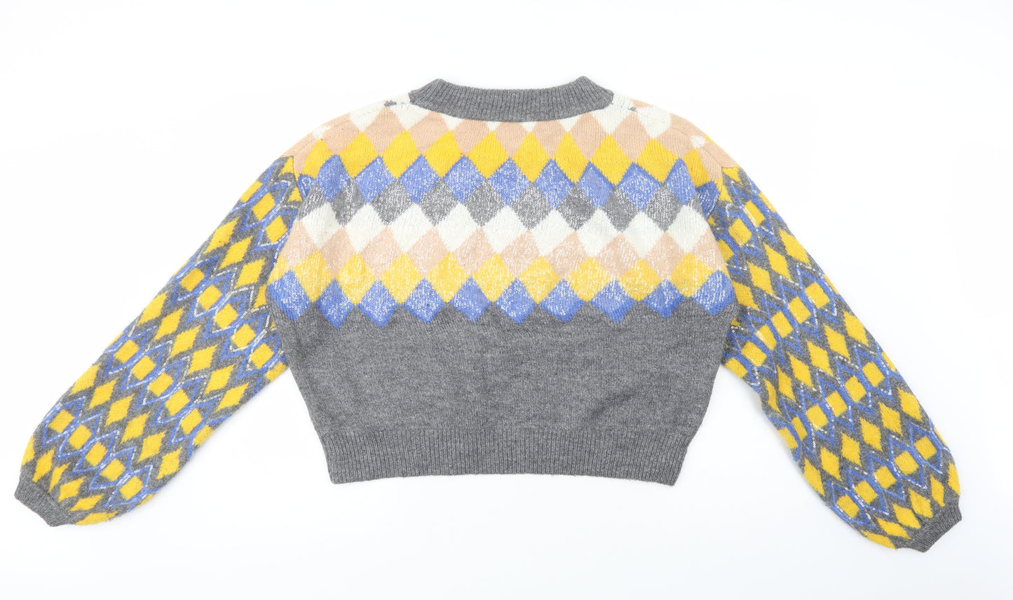 Zara Womens Grey Crew Neck Geometric Acrylic Pullover Jumper Size L