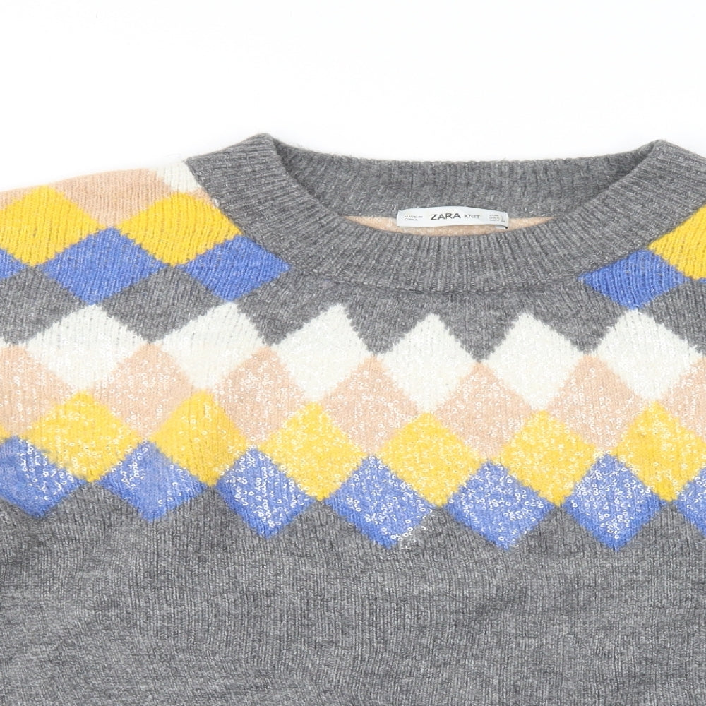 Zara Womens Grey Crew Neck Geometric Acrylic Pullover Jumper Size L