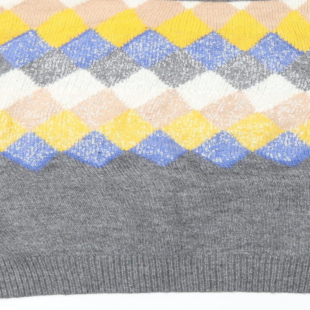 Zara Womens Grey Crew Neck Geometric Acrylic Pullover Jumper Size L