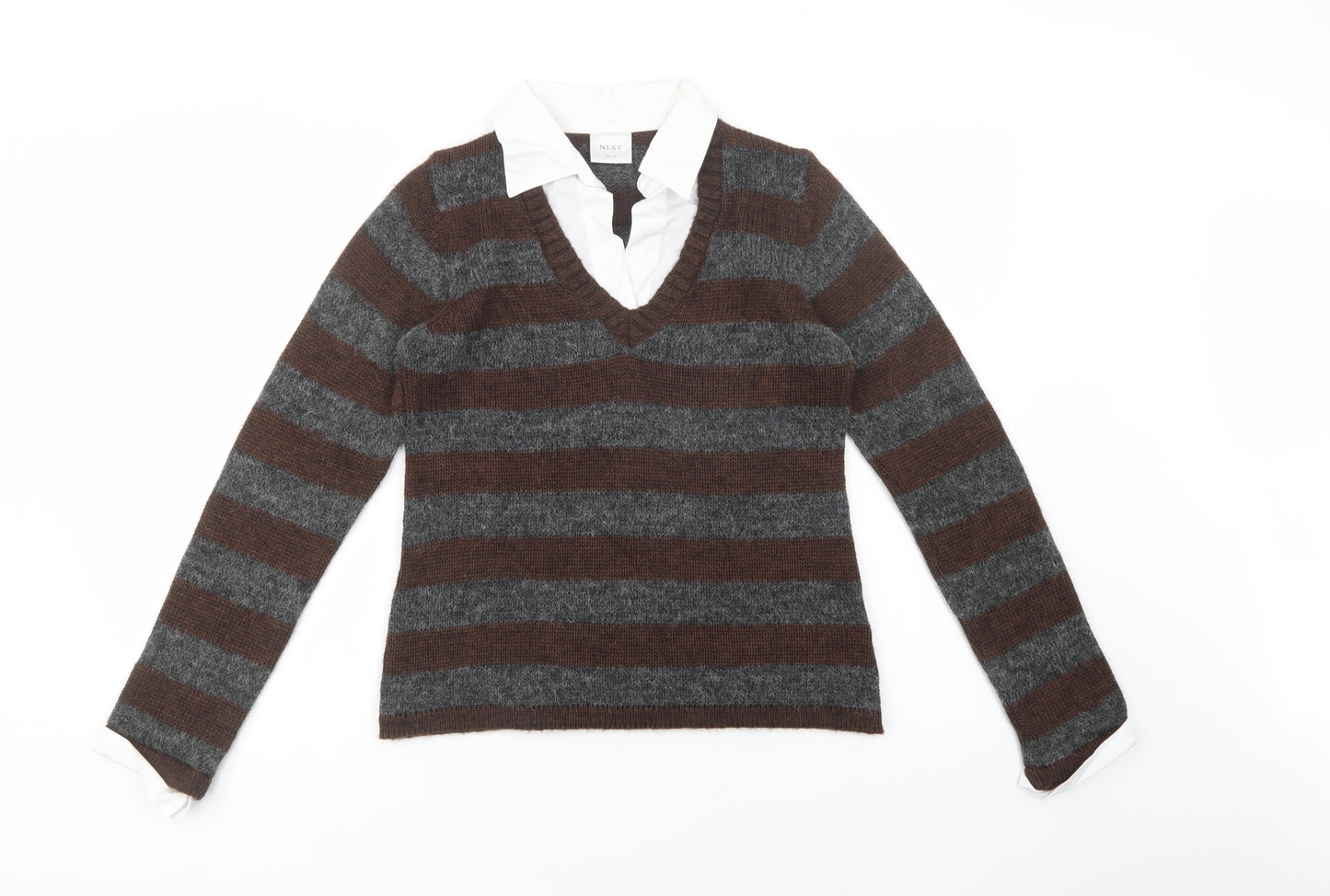 NEXT Womens Brown Collared Striped Acrylic Pullover Jumper Size 12