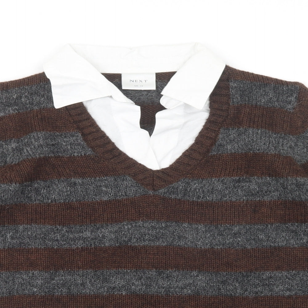 NEXT Womens Brown Collared Striped Acrylic Pullover Jumper Size 12