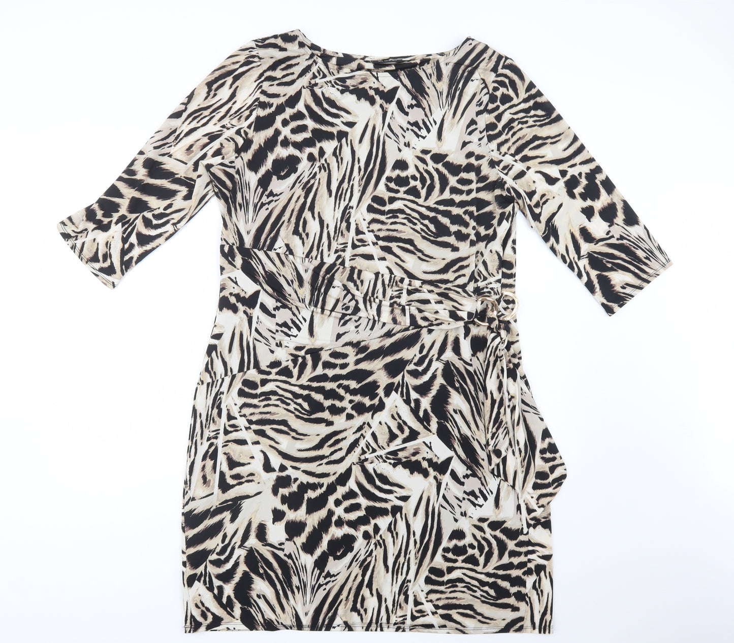 Wallis Womens Beige Animal Print Polyester Shift  Size 18  Round Neck Buckle