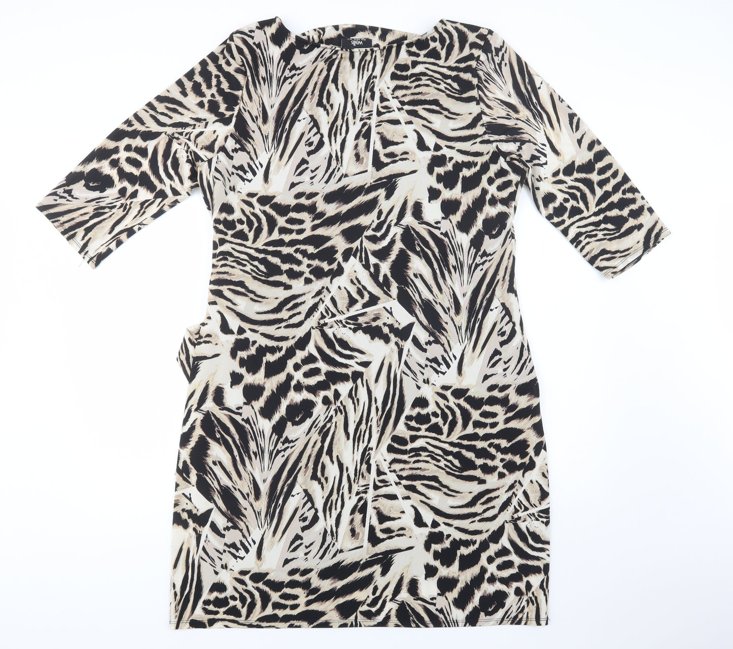 Wallis Womens Beige Animal Print Polyester Shift  Size 18  Round Neck Buckle