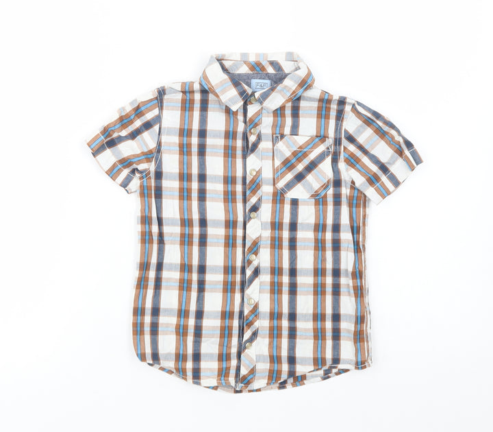 F&F Boys Brown Plaid Cotton Basic Button-Up Size 5-6 Years Collared Snap