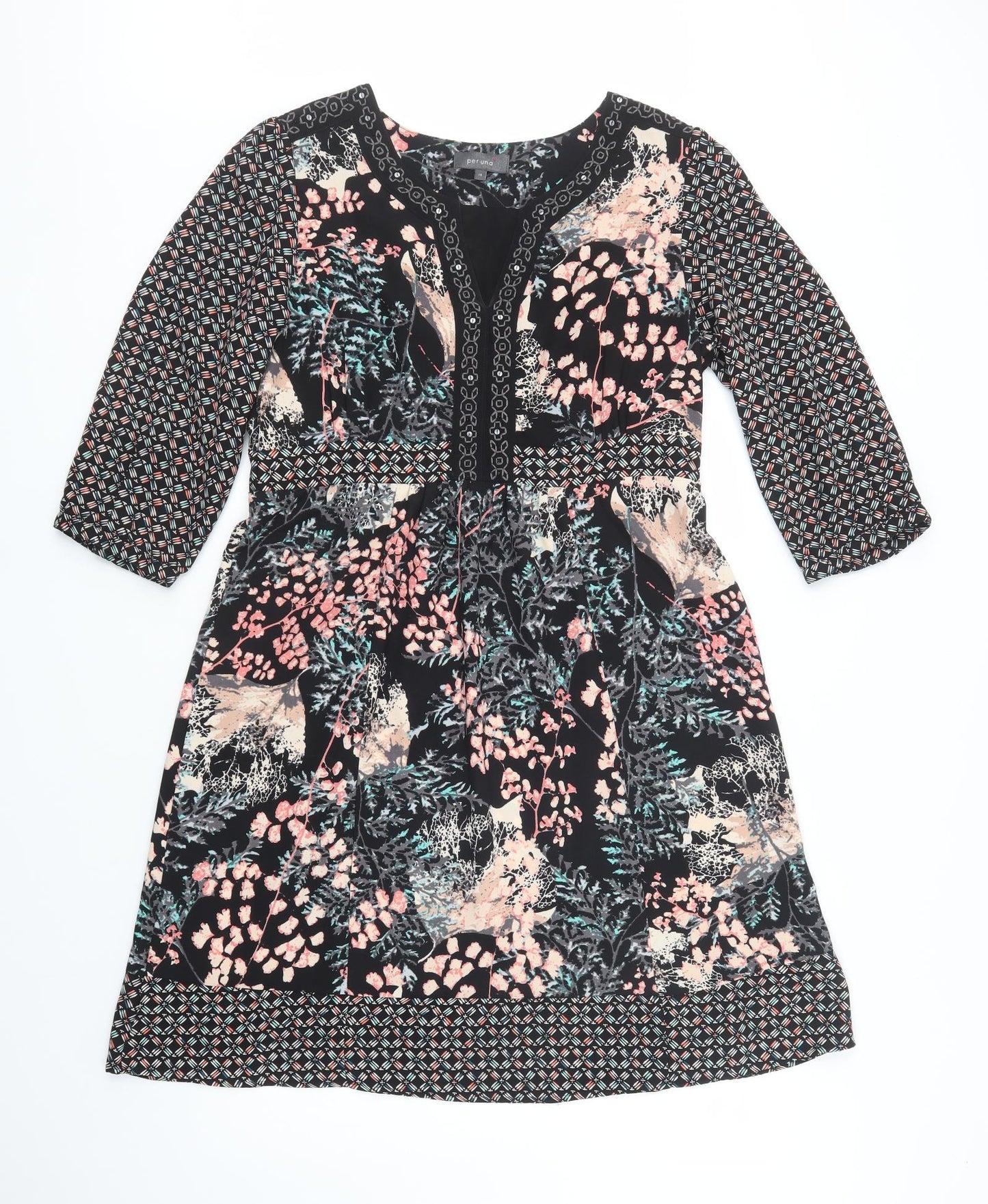 Per Una Womens Black Floral Polyester Fit & Flare  Size 14  V-Neck Pullover