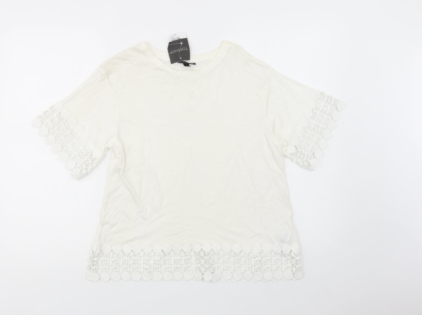 Topshop Womens White  Cotton Basic T-Shirt Size 12 Crew Neck - Lace Detail