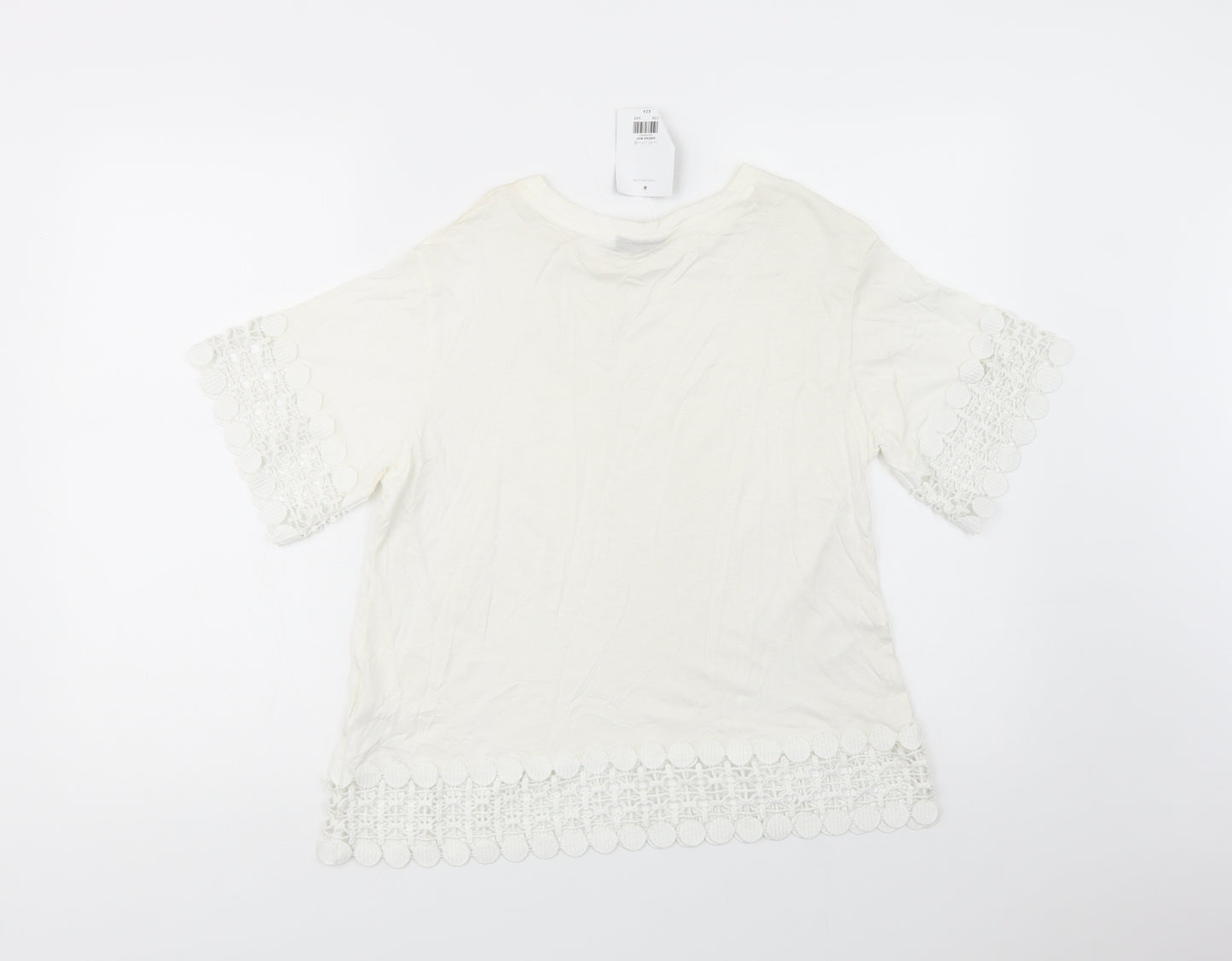 Topshop Womens White  Cotton Basic T-Shirt Size 12 Crew Neck - Lace Detail