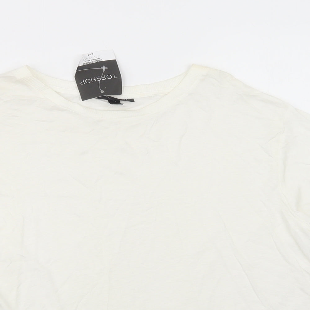 Topshop Womens White  Cotton Basic T-Shirt Size 12 Crew Neck - Lace Detail