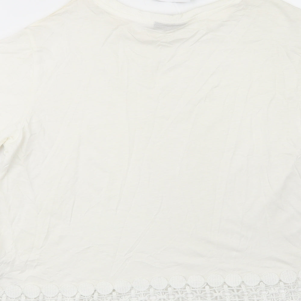Topshop Womens White  Cotton Basic T-Shirt Size 12 Crew Neck - Lace Detail