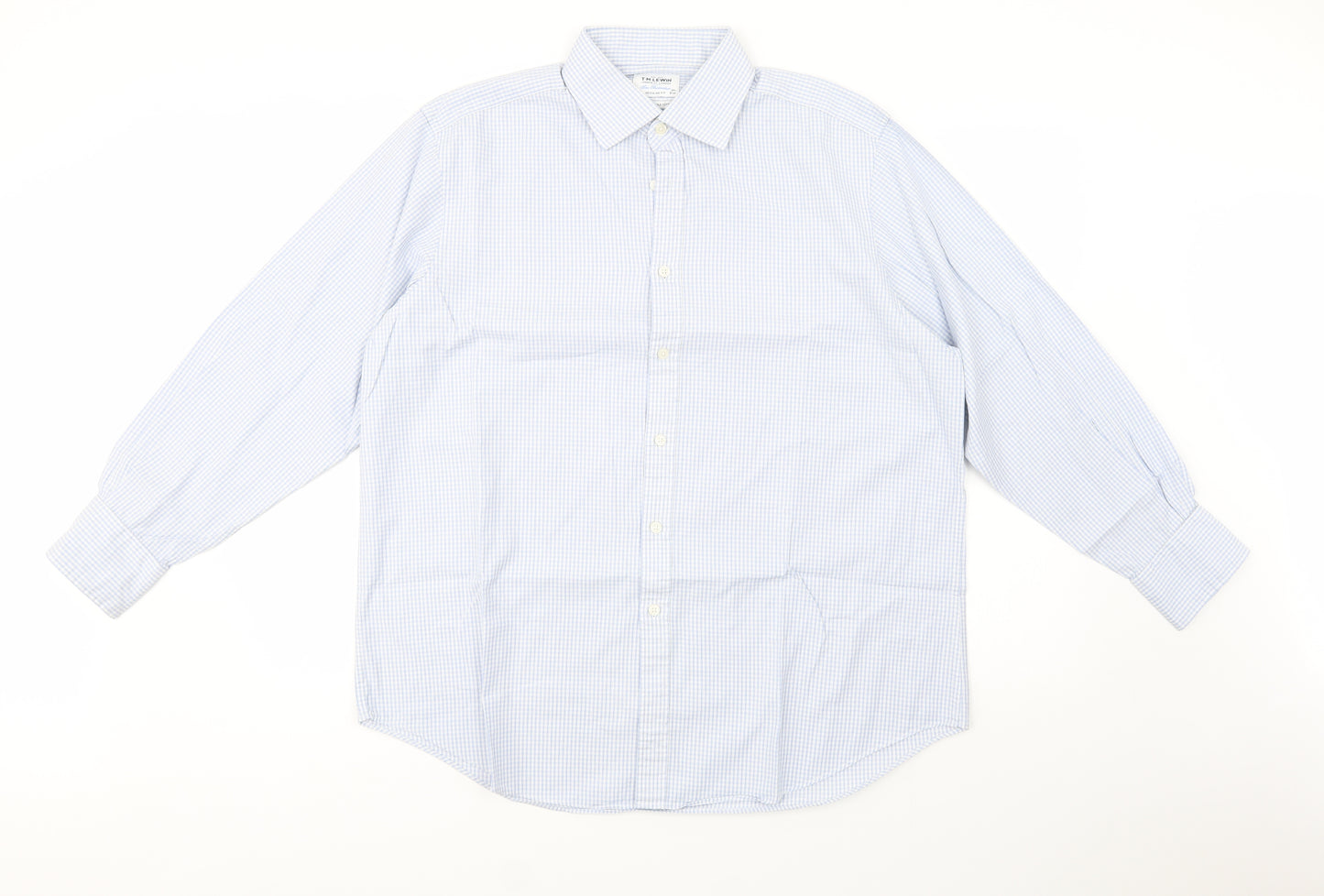 T.M.Lewin Mens Blue Check Cotton  Dress Shirt Size 17 Collared Button