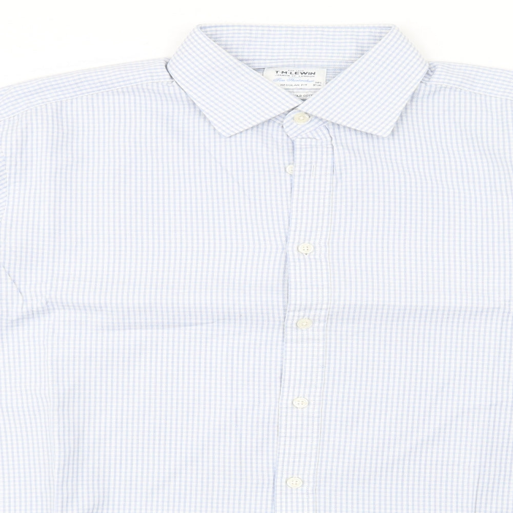T.M.Lewin Mens Blue Check Cotton  Dress Shirt Size 17 Collared Button