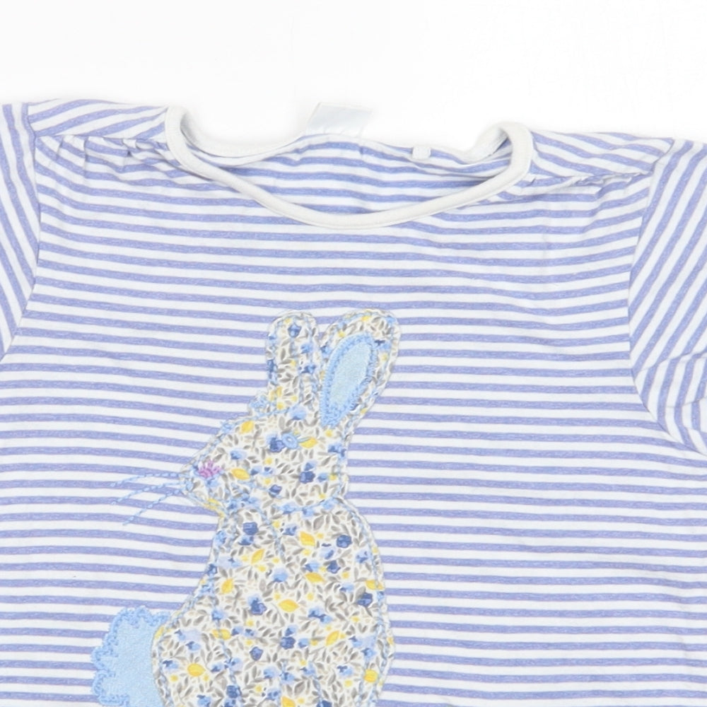NEXT Girls Blue Striped Cotton Basic T-Shirt Size 6-7 Years Crew Neck Pullover - Bunny