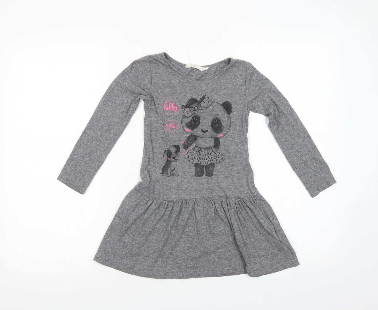 H&M Girls Grey  Cotton T-Shirt Dress  Size 5-6 Years  Crew Neck Pullover - Panda