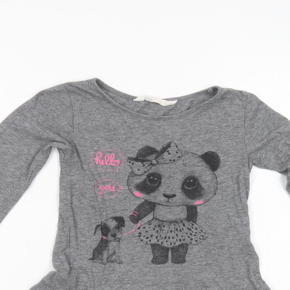 H&M Girls Grey  Cotton T-Shirt Dress  Size 5-6 Years  Crew Neck Pullover - Panda