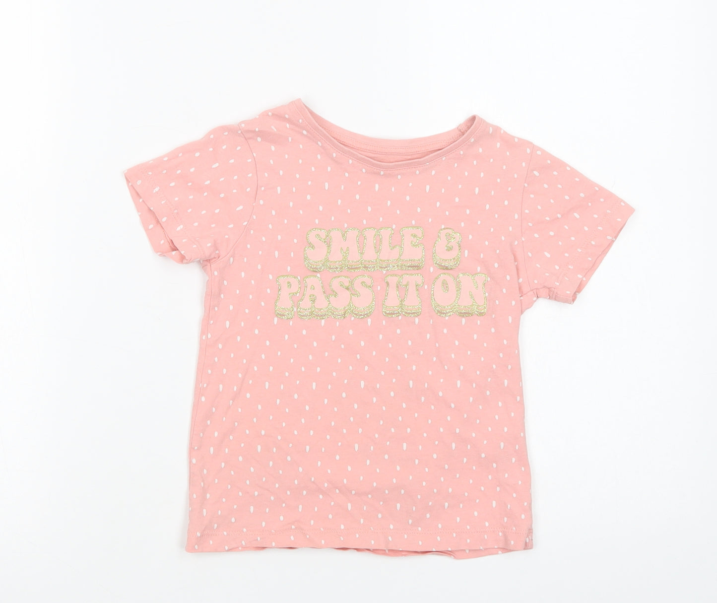 Primark Girls Pink Animal Print Cotton Pullover T-Shirt Size 6-7 Years Crew Neck Pullover - Smile