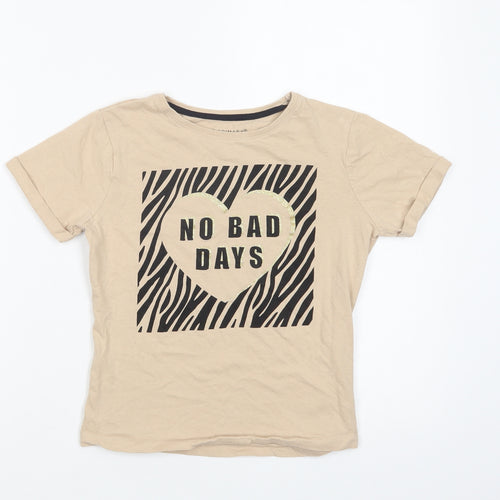 Primark Girls Beige  Cotton Ringer T-Shirt Size 10-11 Years Crew Neck Pullover - No Bad Days