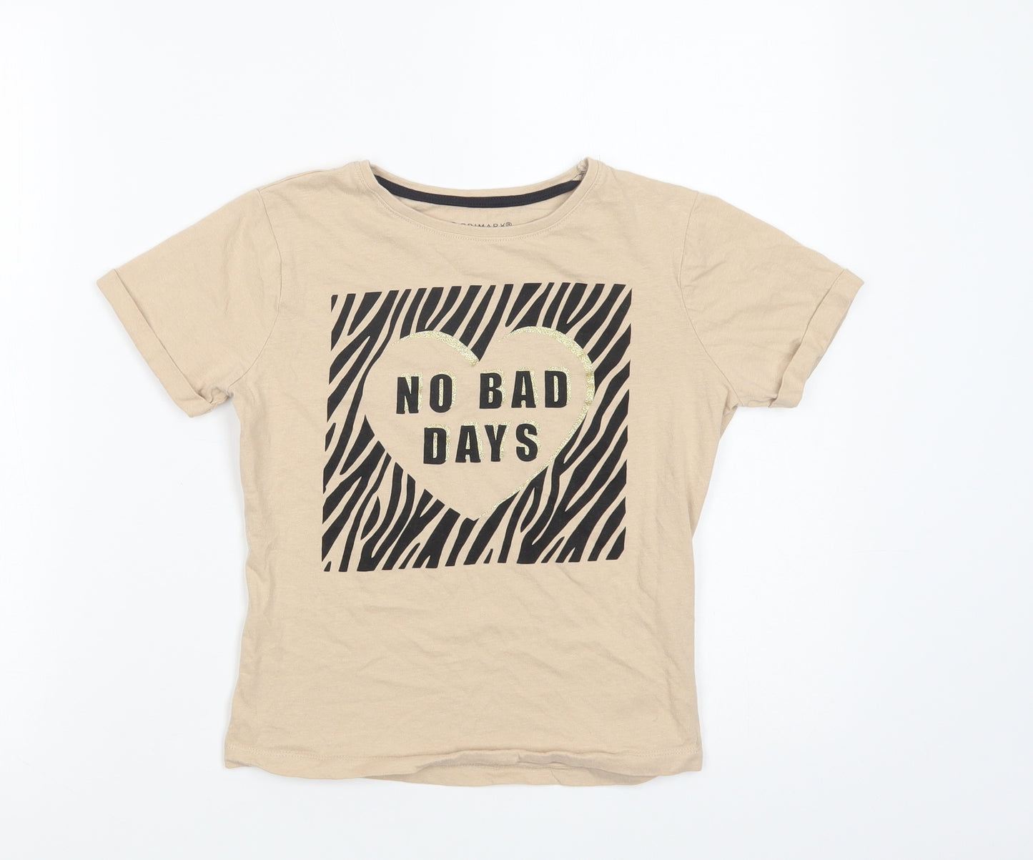 Primark Girls Beige  Cotton Ringer T-Shirt Size 10-11 Years Crew Neck Pullover - No Bad Days