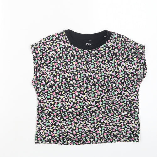 Marks and Spencer Girls Black Floral Cotton Basic T-Shirt Size 5-6 Years Crew Neck Pullover