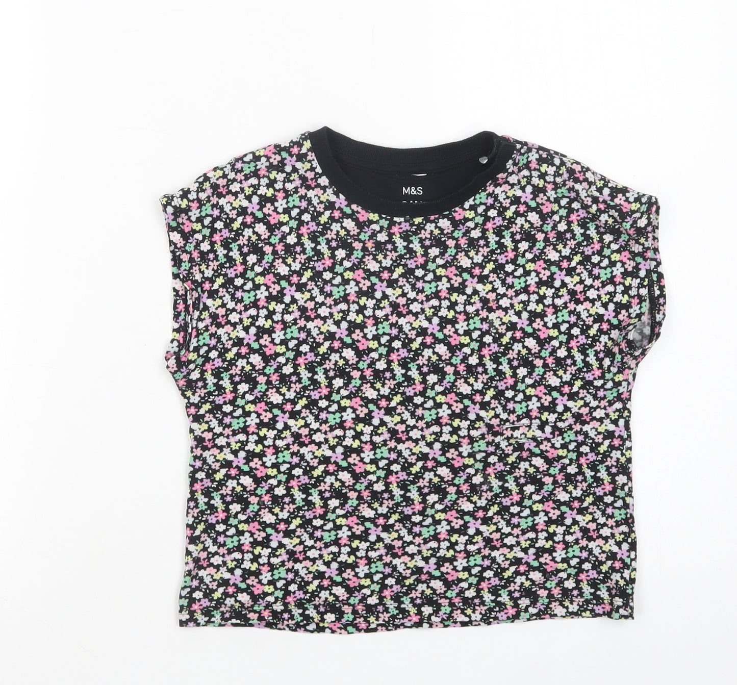 Marks and Spencer Girls Black Floral Cotton Basic T-Shirt Size 5-6 Years Crew Neck Pullover