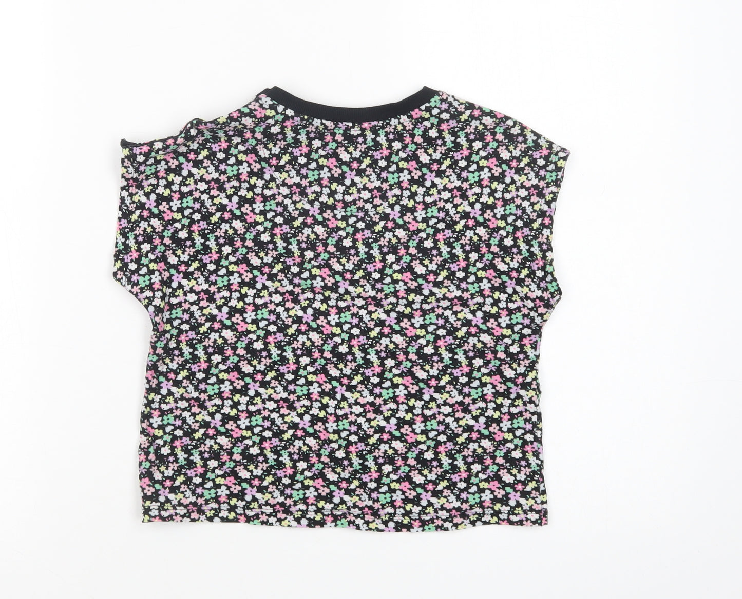 Marks and Spencer Girls Black Floral Cotton Basic T-Shirt Size 5-6 Years Crew Neck Pullover
