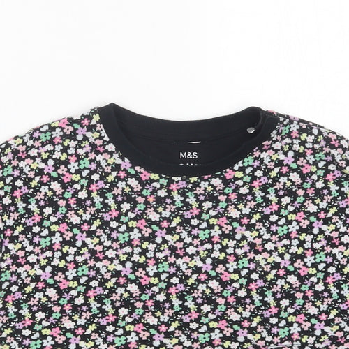 Marks and Spencer Girls Black Floral Cotton Basic T-Shirt Size 5-6 Years Crew Neck Pullover
