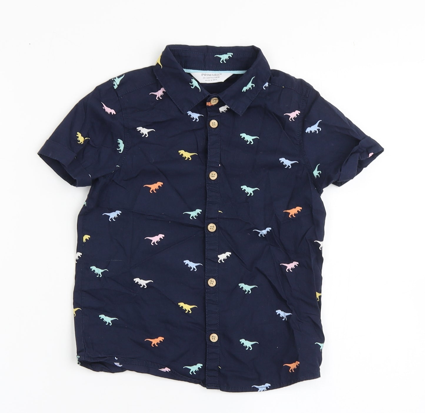 Primark Boys Blue  100% Cotton Basic Button-Up Size 24 Months Collared Button - Dinosaur