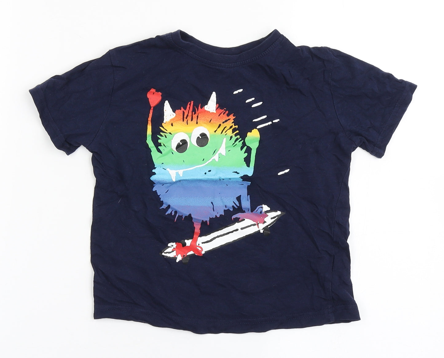 Primark Boys Blue  100% Cotton Basic T-Shirt Size 3-4 Years Round Neck Pullover - Skateboard