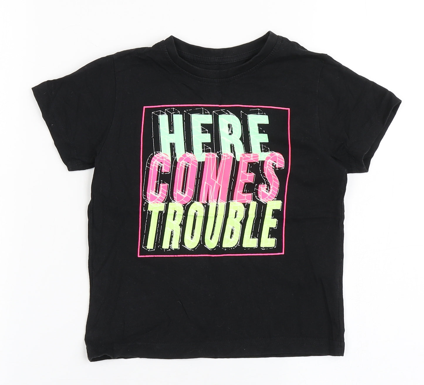 Primark Boys Black  100% Cotton Basic T-Shirt Size 2-3 Years Round Neck Pullover - Here Comes Trouble