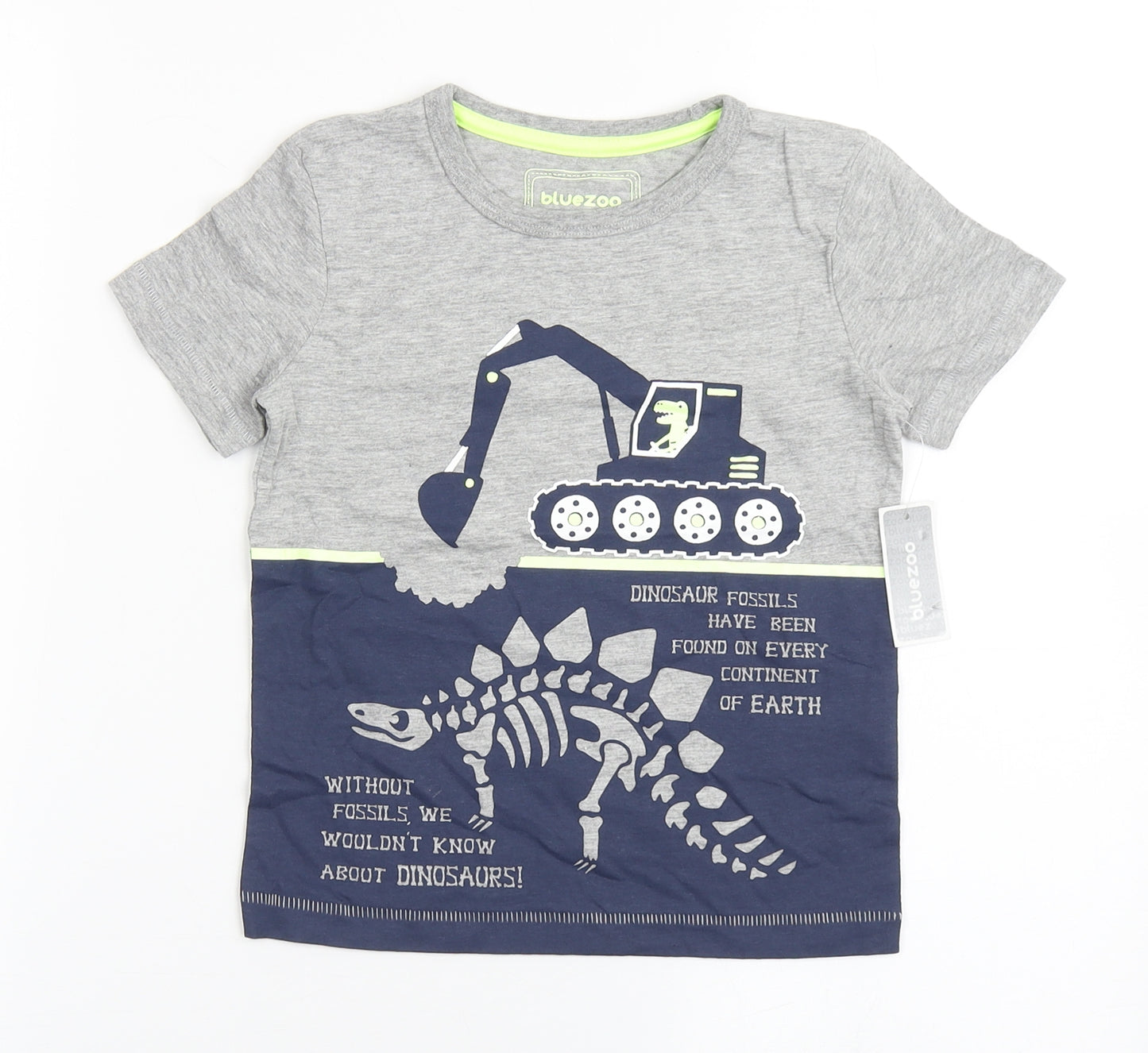 Blue Zoo Boys Grey  Cotton Basic T-Shirt Size 2-3 Years Round Neck Pullover - Dinosaur, Tractor