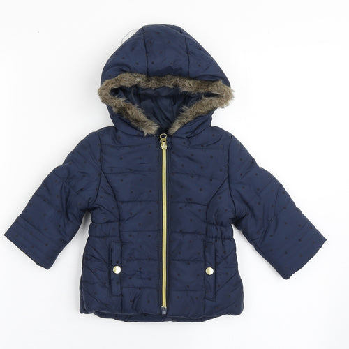 F&F Girls Blue Polka Dot  Parka Coat Size 3-6 Months   Zip