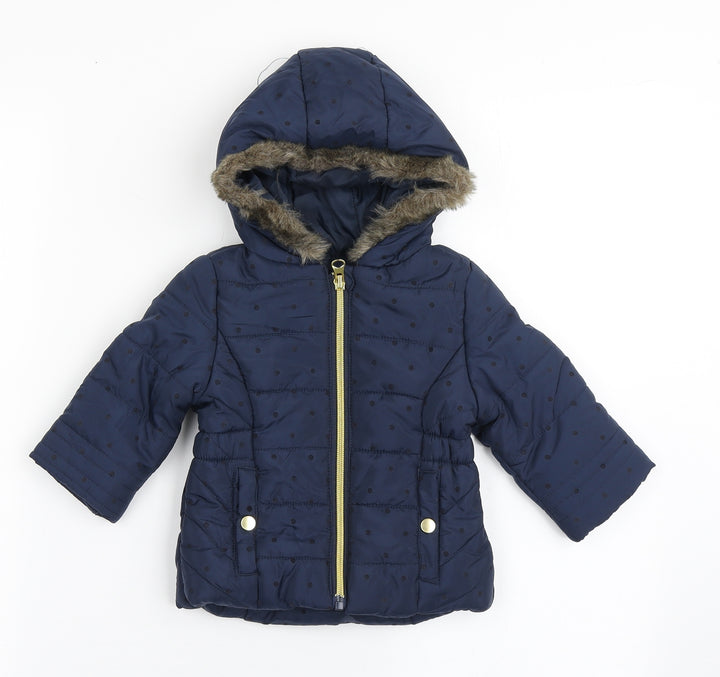 F&F Girls Blue Polka Dot Parka Coat Size 3-6 Months Zip