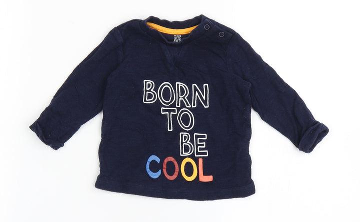 F&F Boys Blue 100% Cotton Basic T-Shirt Size 3-6 Months Round Neck Pullover - Born To Be Cool