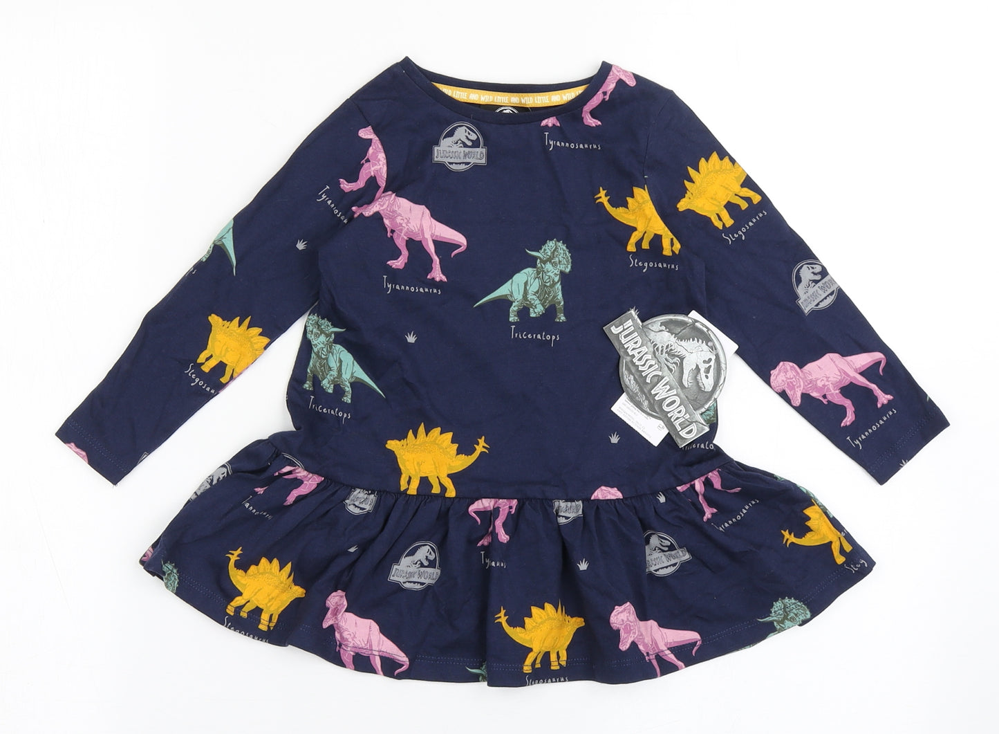 Jurassic World Girls Blue  100% Cotton T-Shirt Dress  Size 12-18 Months  Round Neck Pullover - Dinosaurs