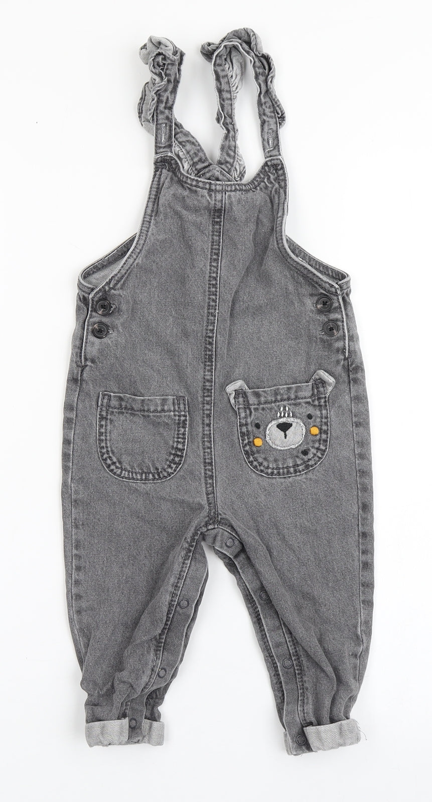 NEXT Boys Grey  100% Cotton Dungaree Outfit/Set Size 18-24 Months  Snap - Bear