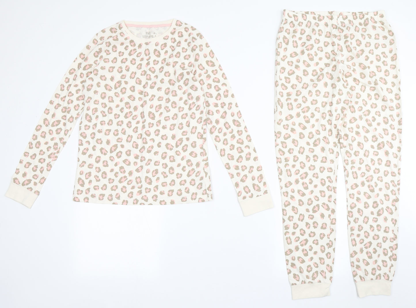 F&F Girls Ivory Animal Print Cotton Top Pyjama Set Size 12-13 Years  Pullover