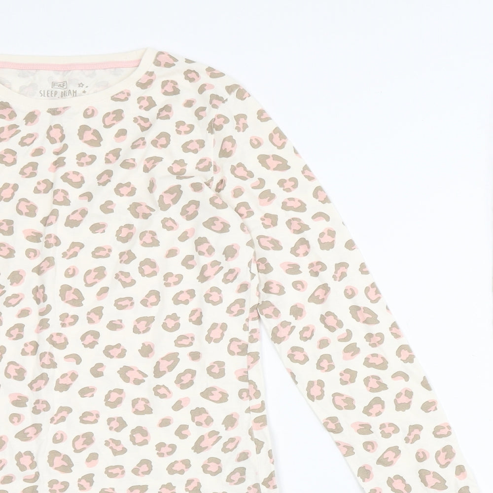 F&F Girls Ivory Animal Print Cotton Top Pyjama Set Size 12-13 Years  Pullover