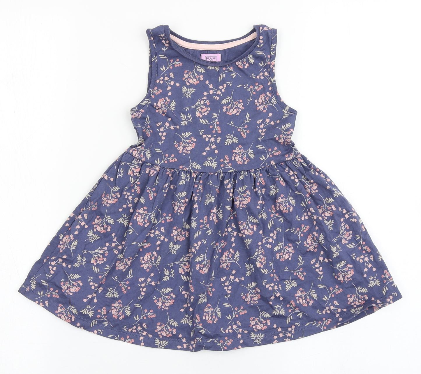 F&F Girls Blue Floral Cotton T-Shirt Dress  Size 18-24 Months  Round Neck Pullover