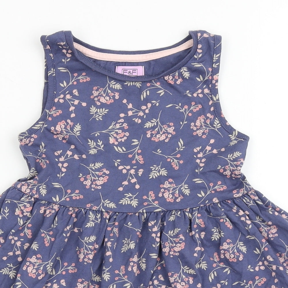 F&F Girls Blue Floral Cotton T-Shirt Dress  Size 18-24 Months  Round Neck Pullover